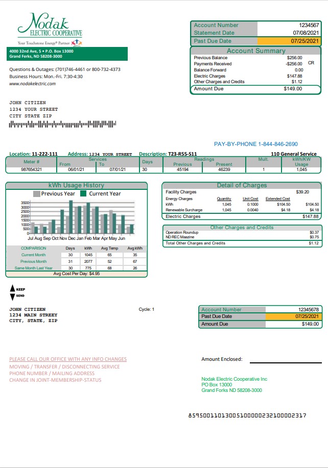 USA North Dakota Nodak Electric Cooperative utility bill template in Word and PDF format